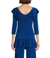 Eva Varro Knit Jersey V-Neck 3/4 Sleeve Asymmetric Ruffled Tunic