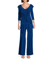 Eva Varro Knit Jersey V-Neck 3/4 Sleeve Asymmetric Ruffled Tunic