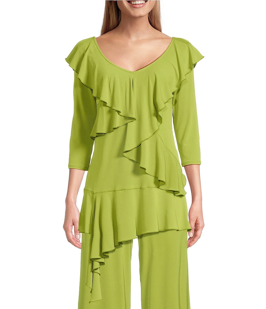 Eva Varro Knit Jersey V-Neck 3/4 Sleeve Asymmetric Ruffled Tunic