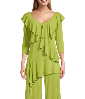 Eva Varro Knit Jersey V-Neck 3/4 Sleeve Asymmetric Ruffled Tunic