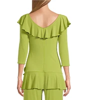 Eva Varro Knit Jersey V-Neck 3/4 Sleeve Asymmetric Ruffled Tunic