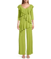 Eva Varro Knit Jersey V-Neck 3/4 Sleeve Asymmetric Ruffled Tunic