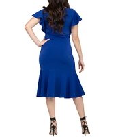 Eva Varro Knit Jersey V-Neck Short Flutter Sleeve Ruffle Flounce Hem Midi Sheath Dress