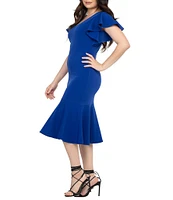 Eva Varro Knit Jersey V-Neck Short Flutter Sleeve Ruffle Flounce Hem Midi Sheath Dress