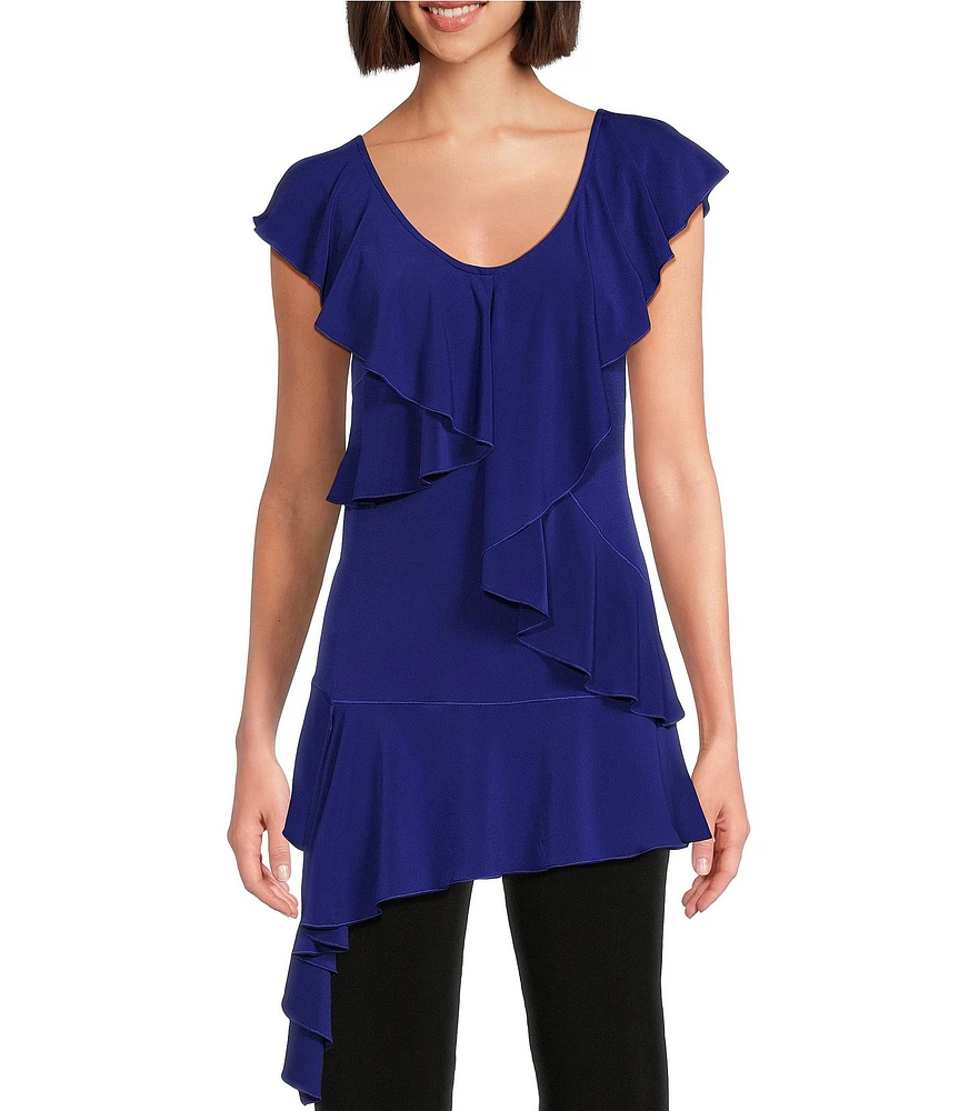 Eva Varro Knit Jersey V-Neck Short Sleeve Asymmetric Ruffle Cascade Tunic