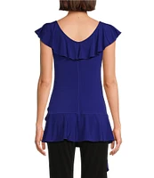 Eva Varro Knit Jersey V-Neck Short Sleeve Asymmetric Ruffle Cascade Tunic