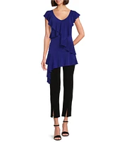 Eva Varro Knit Jersey V-Neck Short Sleeve Asymmetric Ruffle Cascade Tunic