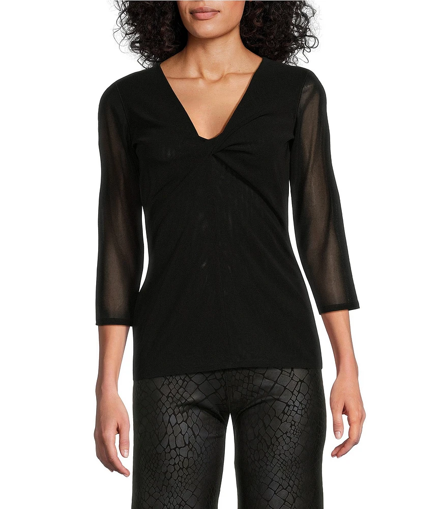 Eva Varro Mesh Twisted V-Neck 3/4 Sleeve Top