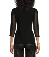 Eva Varro Mesh Twisted V-Neck 3/4 Sleeve Top