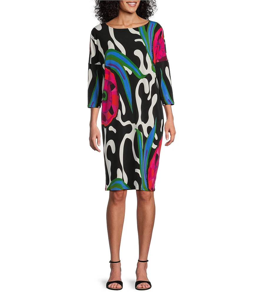 Eva Varro Printed Boat Neck 3/4 Sleeve Wedge Dress