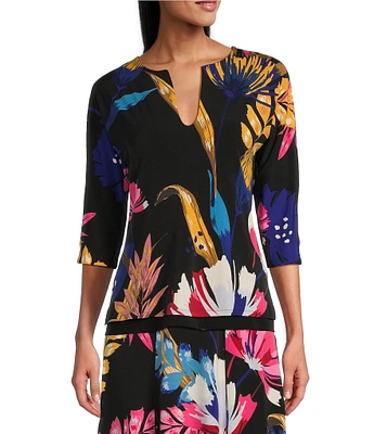 Eva Varro Printed Reversible Split Neck 3/4 Sleeve Top