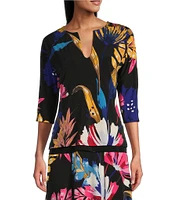 Eva Varro Printed Reversible Split Neck 3/4 Sleeve Top