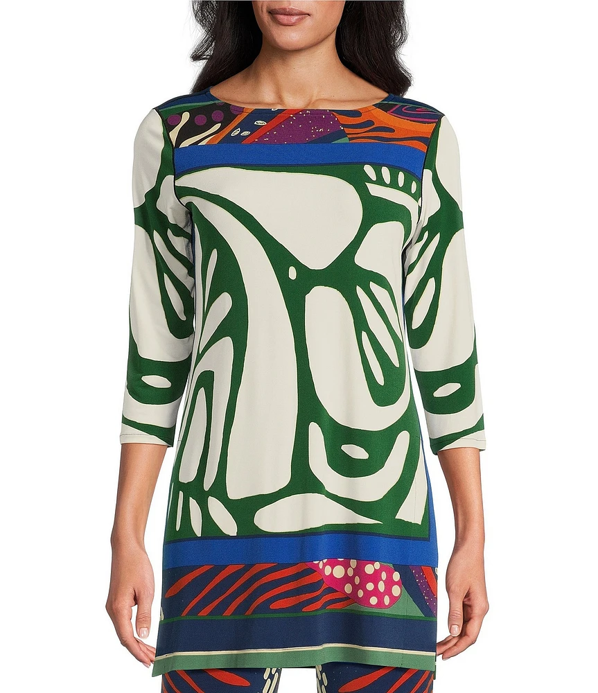 Eva Varro Scarf Print Boat Neck 3/4 Sleeve Tunic