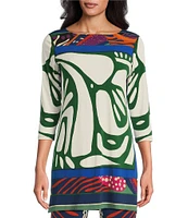 Eva Varro Scarf Print Boat Neck 3/4 Sleeve Tunic