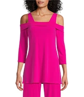 Eva Varro Solid Knit Jersey Off-the-Shoulder Wide Shoulder Strap 3/4 Sleeve Tunic