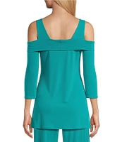 Eva Varro Solid Knit Jersey Off-the-Shoulder Wide Shoulder Strap 3/4 Sleeve Tunic