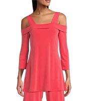 Eva Varro Solid Knit Jersey Off-the-Shoulder Wide Shoulder Strap 3/4 Sleeve Tunic