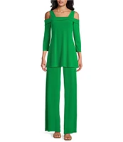 Eva Varro Solid Knit Jersey Off-the-Shoulder Wide Shoulder Strap 3/4 Sleeve Tunic