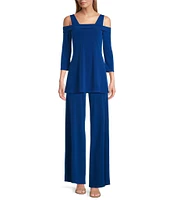 Eva Varro Solid Knit Jersey Off-the-Shoulder Wide Shoulder Strap 3/4 Sleeve Tunic