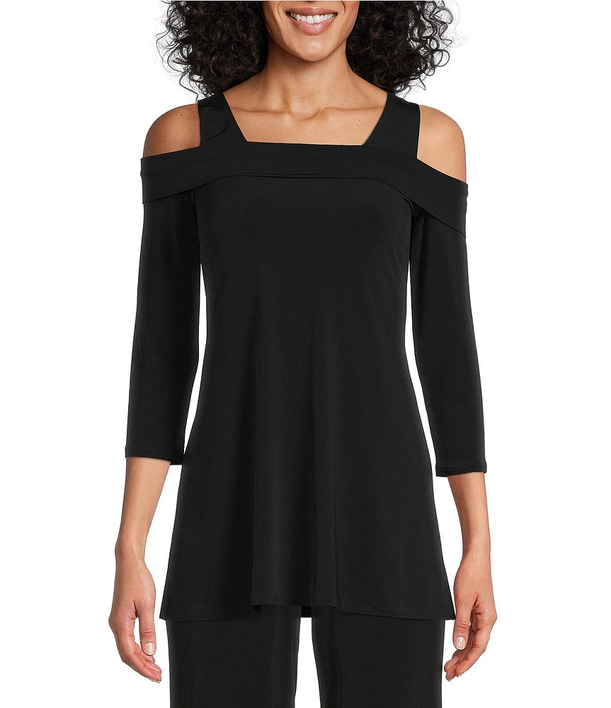 Eva Varro Solid Knit Jersey Off-the-Shoulder Wide Shoulder Strap 3/4 Sleeve Tunic