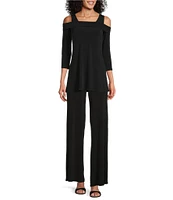 Eva Varro Solid Knit Jersey Off-the-Shoulder Wide Shoulder Strap 3/4 Sleeve Tunic