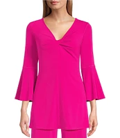 Eva Varro Solid Knit Jersey Twist V-Neck 3/4 Bell Sleeve Coordinating A-Line Tunic