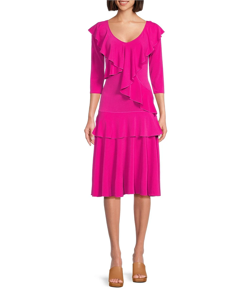 Eva Varro Solid Knit Jersey V-Neck 3/4 Sleeve Asymmetric Double Ruffle Tiered A-Line Midi Dress