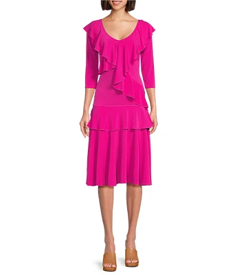 Eva Varro Solid Knit Jersey V-Neck 3/4 Sleeve Asymmetric Double Ruffle Tiered A-Line Midi Dress