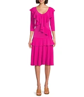 Eva Varro Solid Knit Jersey V-Neck 3/4 Sleeve Asymmetric Double Ruffle Tiered A-Line Midi Dress