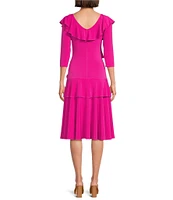 Eva Varro Solid Knit Jersey V-Neck 3/4 Sleeve Asymmetric Double Ruffle Tiered A-Line Midi Dress