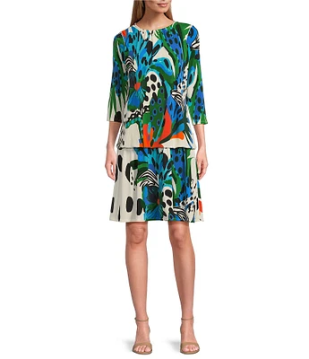 Eva Varro Tropical Inspired Print Boat Neck 3/4 Sleeve Blouson Drop Waist Dress