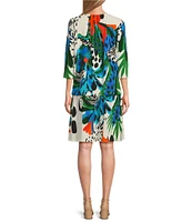 Eva Varro Tropical Inspired Print Boat Neck 3/4 Sleeve Blouson Drop Waist Dress