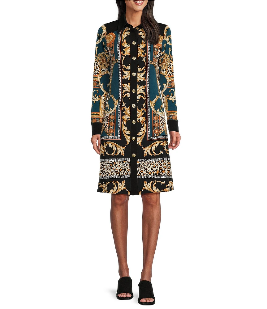 Eva Varro Wild Animal Baroque Print Knit Jersey Long Sleeve Button Front Shirt Dress