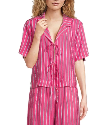 Every Coordinating Stripped Knit Notch Collar Short Sleeve Tie Front Top