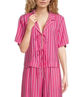 Every Coordinating Stripped Knit Notch Collar Short Sleeve Tie Front Top