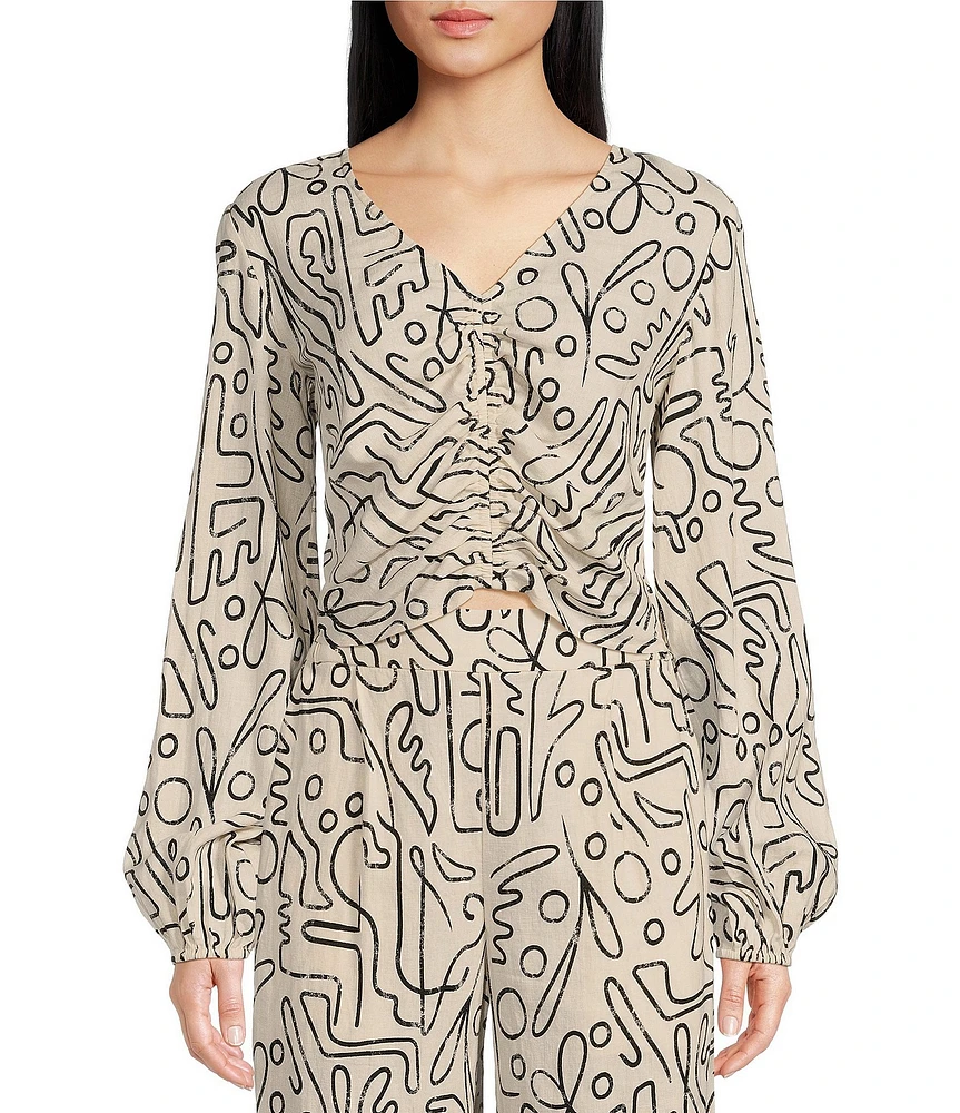 Every Abstract Print Linen Blend Long Sleeve Coordinating Crop Top