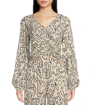 Every Abstract Print Linen Blend Long Sleeve Coordinating Crop Top