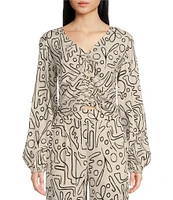 Every Abstract Print Linen Blend Long Sleeve Coordinating Crop Top