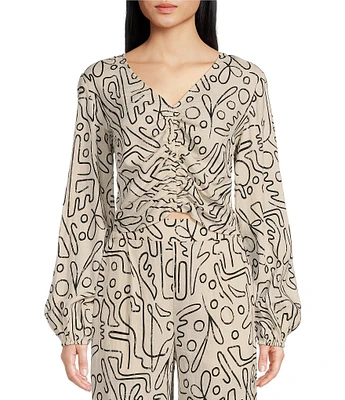 Every Doodle Abstract Print Linen Blend Long Sleeve Coordinating Crop Top