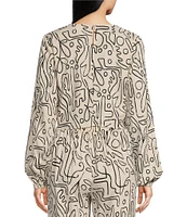 Every Doodle Abstract Print Linen Blend Long Sleeve Coordinating Crop Top