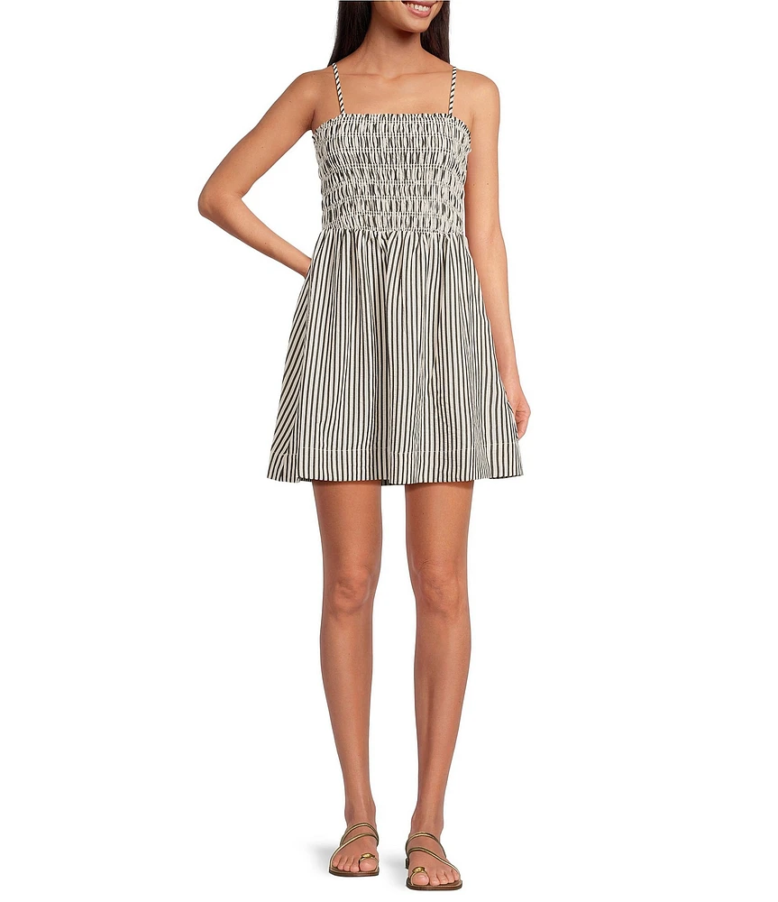 Every Knit Striped Square Neck Sleeveless Smocked A-Line Mini Dress