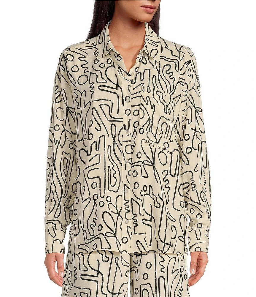 Every Linen Abstract Print Linen Blend V-Neck Long Sleeve Button Front Coordinating Blouse