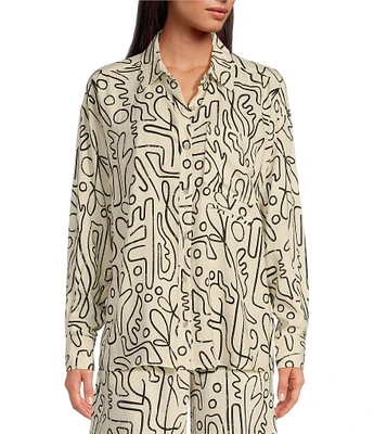 Every Linen Abstract Print Linen Blend V-Neck Long Sleeve Button Front Coordinating Blouse