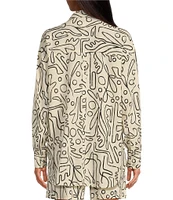 Every Linen Abstract Print Linen Blend V-Neck Long Sleeve Button Front Coordinating Blouse