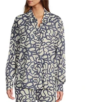 Every Linen Doodle Print V-Neck Long Sleeve Button Front Blouse