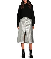 Every Metallic Coated Stretch Denim High Rise Front Split Hem Midi Pencil Skirt