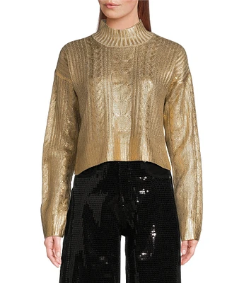 Every Metallic Foiled Knit Turtleneck Long Sleeve Pullover Sweater