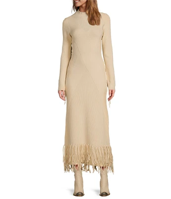 Every Ribbed Knit Mock Neck Long Sleeve Criss Cross Bodycon Tiered Fringe Maxi Sweater Dress