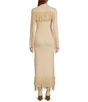 Every Ribbed Knit Mock Neck Long Sleeve Criss Cross Bodycon Tiered Fringe Maxi Sweater Dress