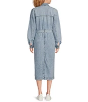 Every Vintage Wash Denim Point Collar V-Neck Long Sleeve Button Front Belted Midi Shirt Dress